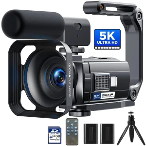 Caméra vidéo 5K 56MP Caméscope Vlogging Caméra YouTube, WiFi Vision nocturne 3" Écran tactile rotatif à 270° Video Camera avec carte 64 Go, microphone, stabilisateur, télécommande, 2 piles, trépied