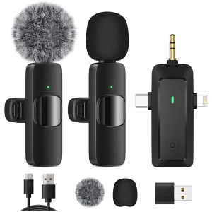 HMKCH Micro Cravate sans Fil pour iPhone/Téléphone Android/Caméra/Ordinateur Portable, Microphone Professionnel à Double Revers avec Prise USB-C/3,5 mm/USB pour Enregistrement vidéo, Vlog