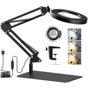 Lampe de Bureau avec Loupe 5X et LED, Lampe Loupe sur Pied 2-en-1 avec Base et Pince, 3 Modes de Couleur,10 Niveaux de Luminosité,Lampe Bras Pivotant Réglable pour Artisanat