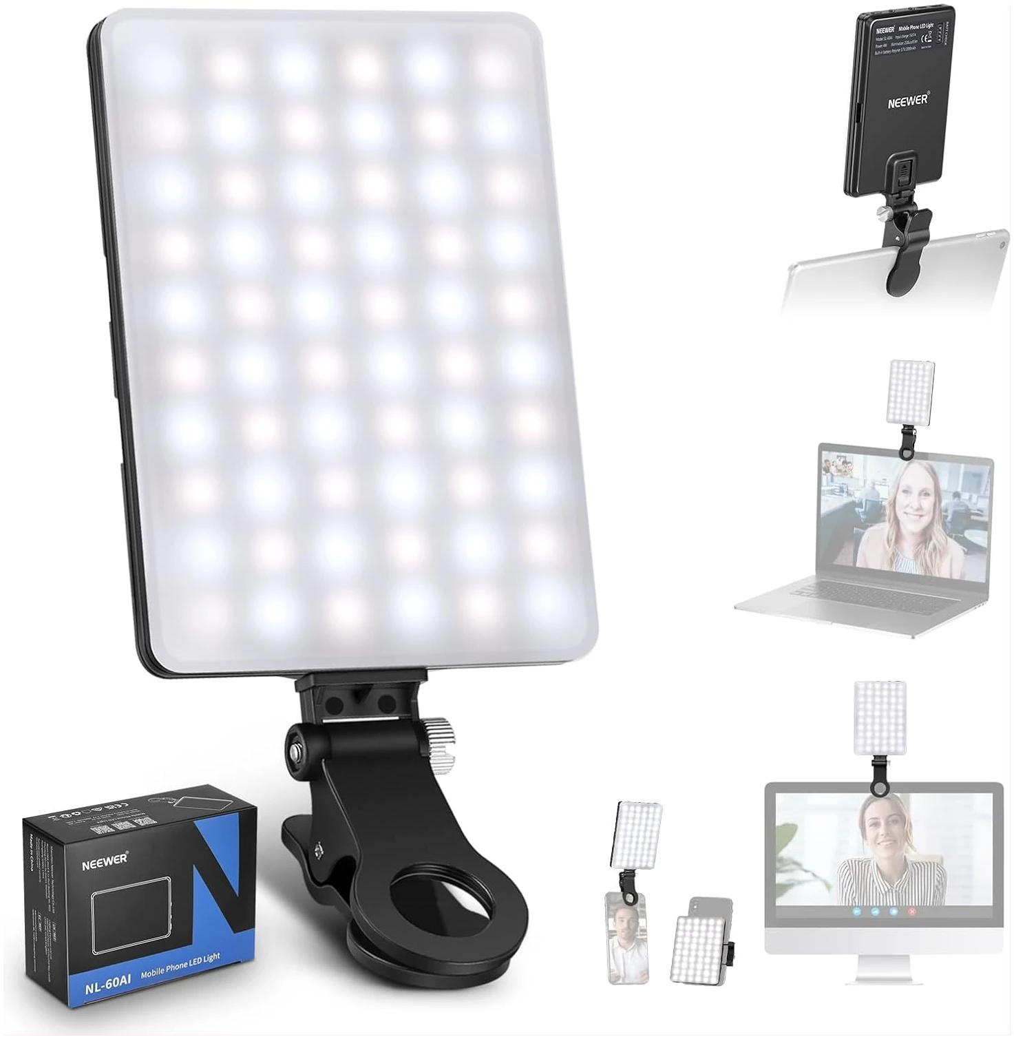 NEEWER Lumière Téléphone pour Selfie LED avec Clip, 60 LED de Haute Puissance, Batterie Rechargeable de 2000mAh, CRI95+, 3 Modes d'éclairage, Lampe Vidéo à Pince Portable pour Appels Via Zoom, TikTok